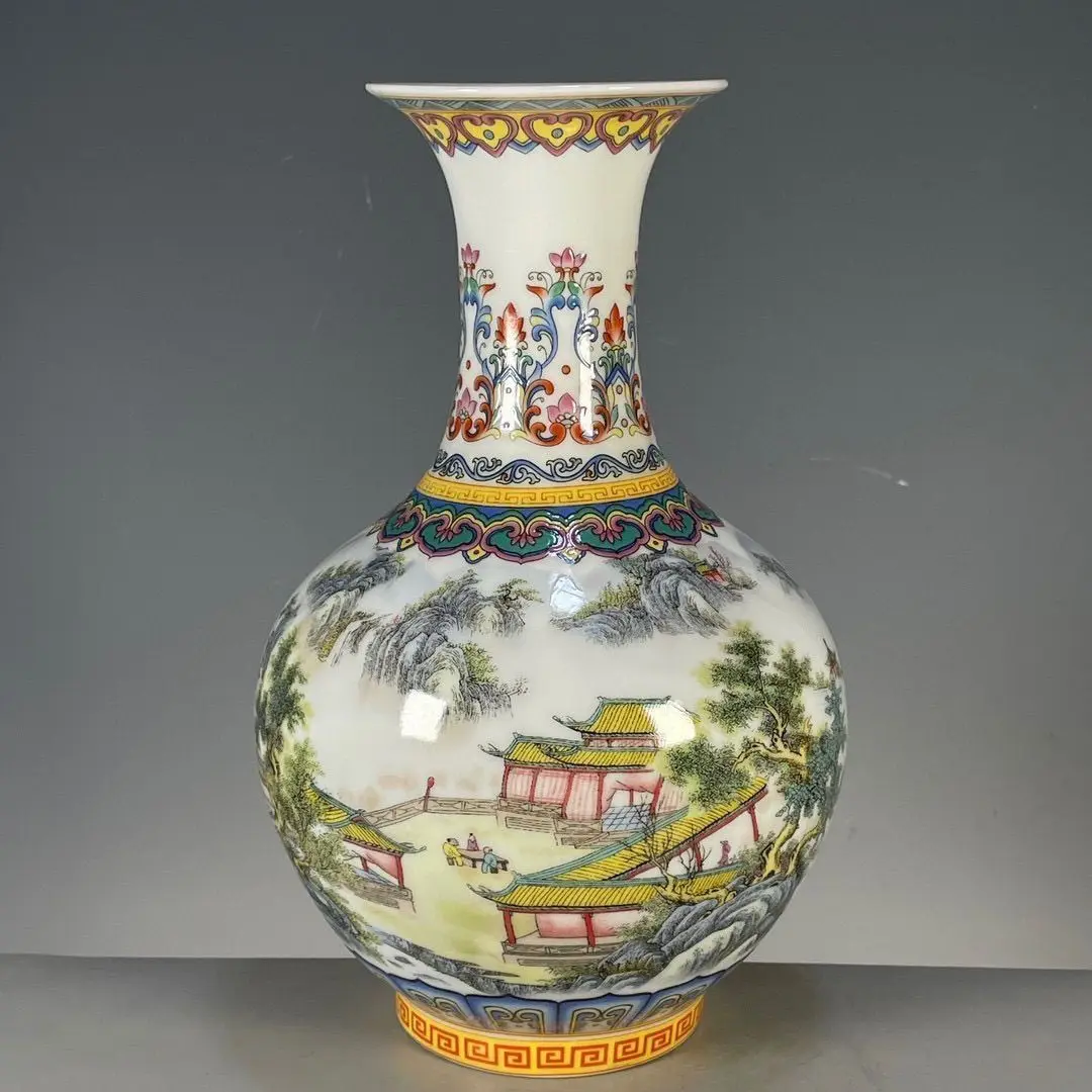 Old Chinese Wucai Porcelain Vase Qianlong Mark Hand Painted Landscape Reward Vase