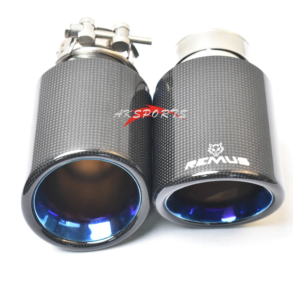 1Pc Car Exhaust Straight Flange Glossy Carbon Tail End Tip Blue Stainless Steel Bevel Muffler Pipe