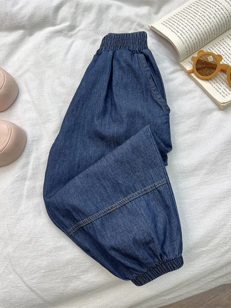 Calças de Verão em Jeans para Crianças, Calças Lanternas Largas e Finas, Calças Casuais Confortáveis e Respiráveis em Algodão para Meninos e Meninas