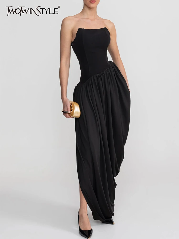 

Элегантное черное асимметричное драпированное платье миди без бретелек TWOTWINSTYLE для женщин с драпировкой на талии и боковым разрезом для офиса, гала-вечеров и мероприятий