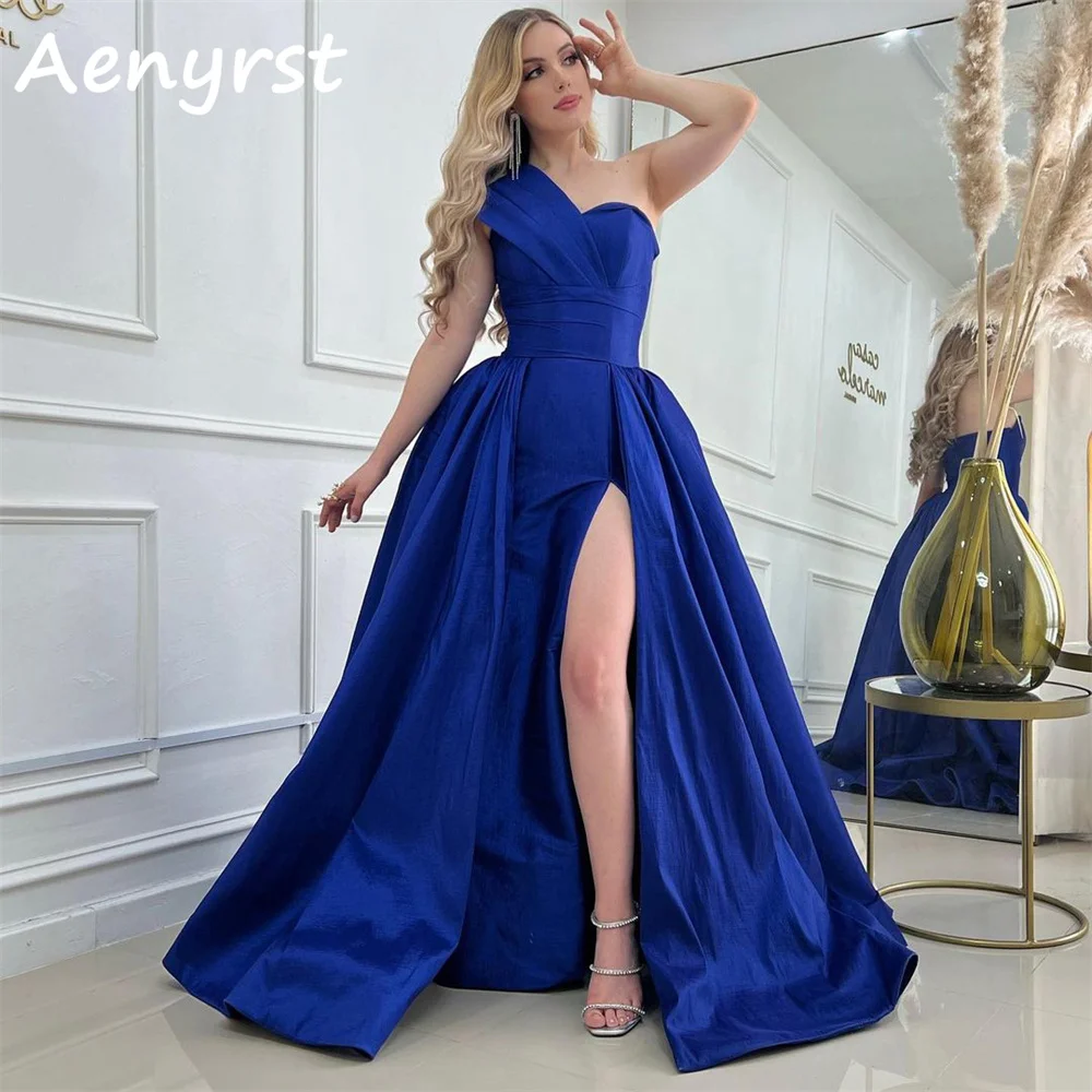 

Aenryst Simple One Shoulder Evening Dresses Satin A Line Side High Split Prom Dress Sweep Train Party Gown For Women Custom Made