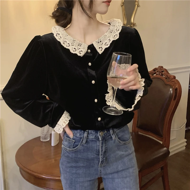 MEXZT Vintage Velvet Shirts Women Elegant Lace Patchwork Blouses Office Lady Korean Sweet Ruffles Long Sleeve Casual Tops New