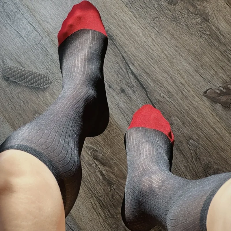Mens Sexy Business Dress Striped Silk Sock Exotic Formal Tube Socks Middle Tube Sheer Summer See-through Ultra Thin Socks