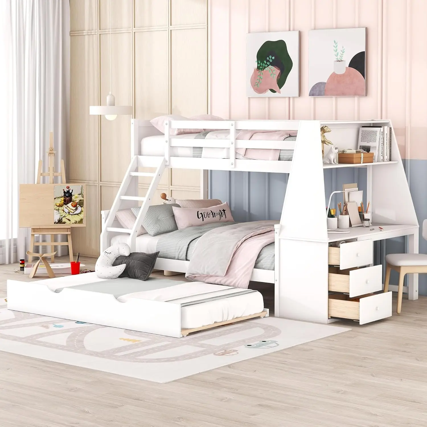 Twin Over Full Bunk Beds with Trundle and Desk Wood Bunk Bed Frame with Three Storage Drawers and One Shelf