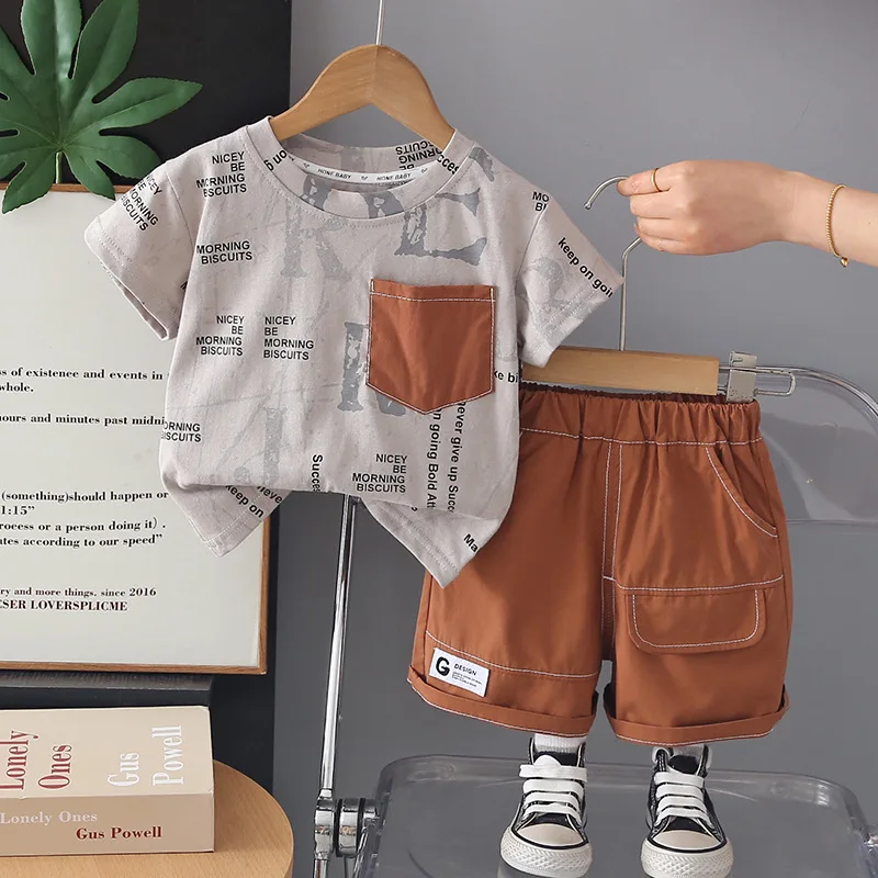Toddler Boys Suit 2026 New Baby Boy Summer Clothes 0-5 Years Letter Print Pocket Short Sleeve T-shirts and Shorts Two Piece Set