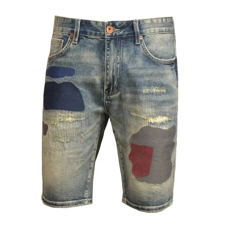 夏レトロヴィンテージ刺繍デニムショートパンツメンズトレンディブランドスリムフィットストレートレッグ弾性ウォッシュカジュアル 5 クォーターパンツ