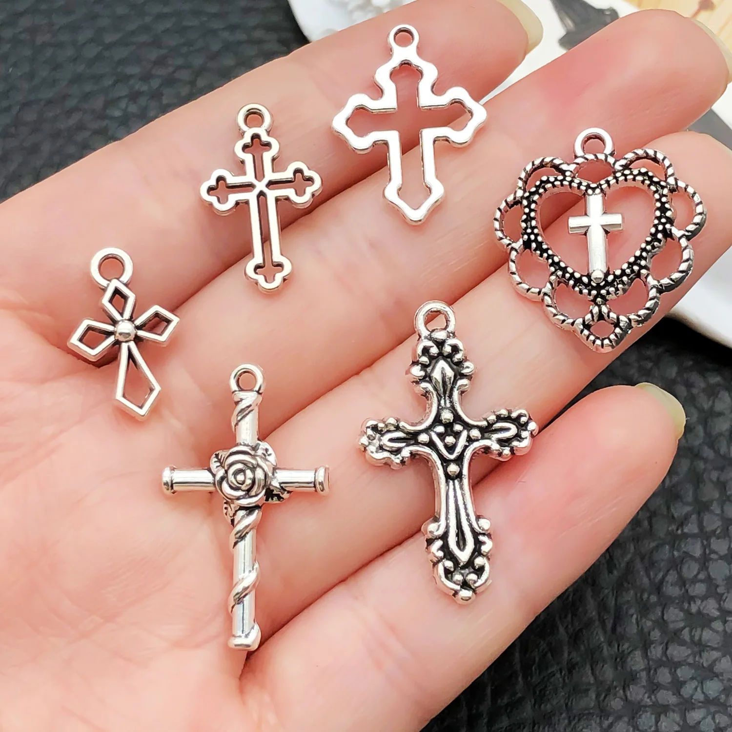 52pcs Assorted Cross Pendants (Antique Silver/Black) - Bulk Jewelry-Making Kit for Gothic/Boho Styles
