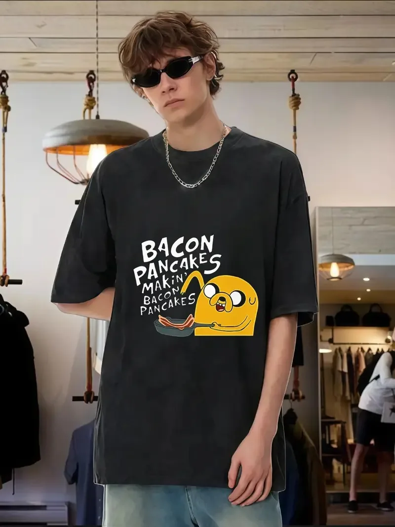 

Pure Cotton T - Shirt with Adventure Time Jake & Bacon Pancakes Design Lively Cartoon Character Tee Print New Arrival Tee S-4XL