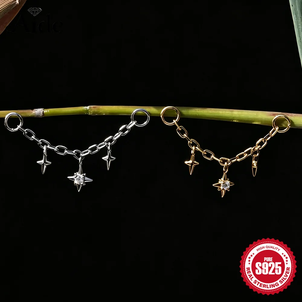 AIDE 925 Sterling Silver Double Chain Tassel Flat Back Piercing for Women Four Pointed Star Pendant INS Exquisite Accessories