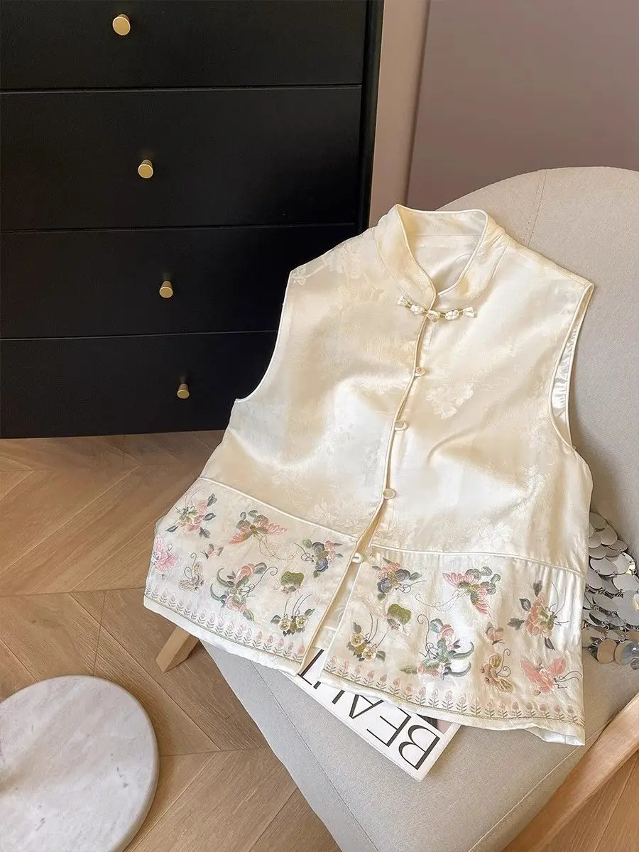 

Floral Embroidered Satin Silk Vest Women's Stand Neck Ethnic Style Embroidery Sleeveless Top Chinese National Top