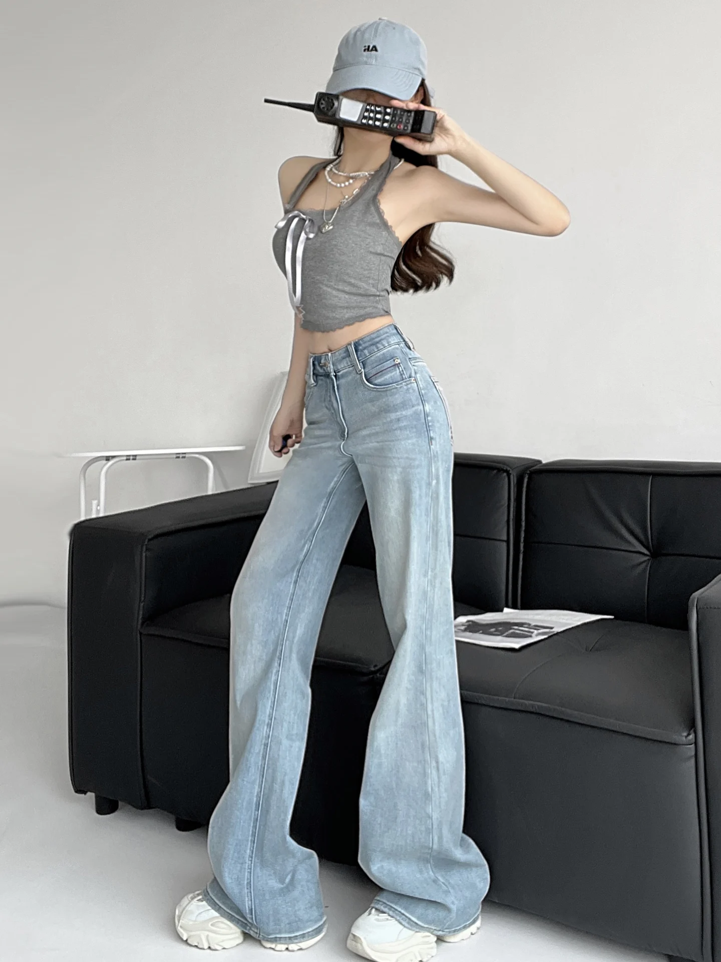 

Retro High Waist Wide Leg Jeans Women's Spring Autumn Slimming Bell Bot Elastic Casual Long Pants Stand Fit Jeans