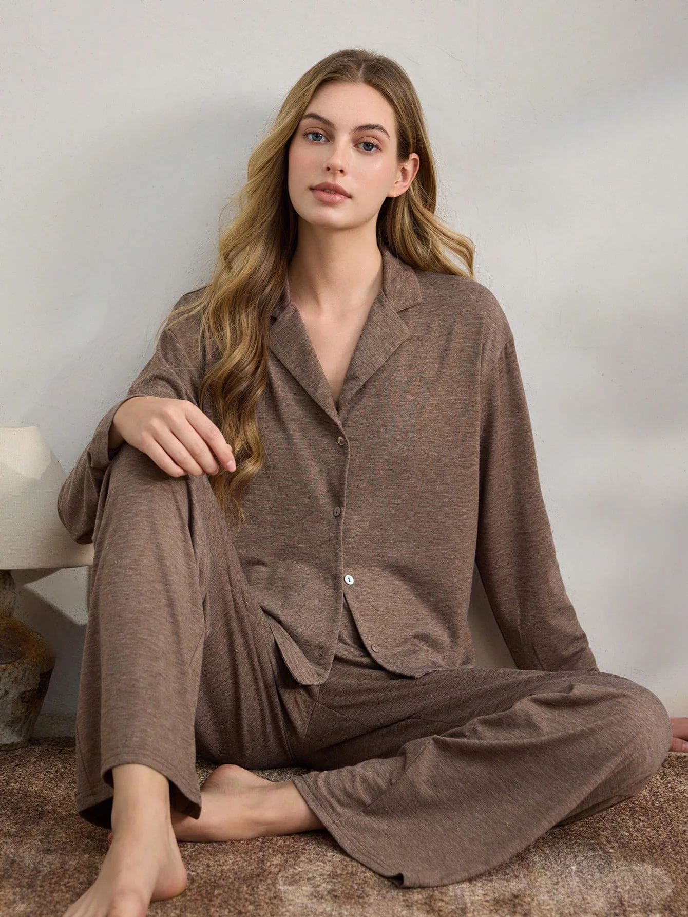

Autumn and Winter Women's Pyjamas Casual Fashion Button-Front Cardigan Long Sleeve Long Trousers Loose Solid Minimalist Homewear