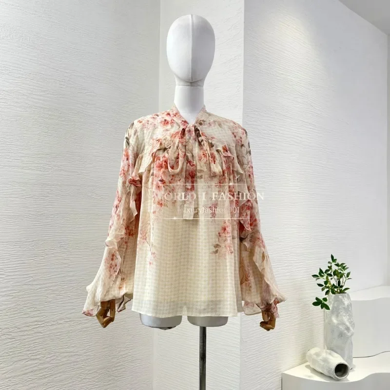 

Brown black beige red floral print long sleeve ruffles blouse tops 2025