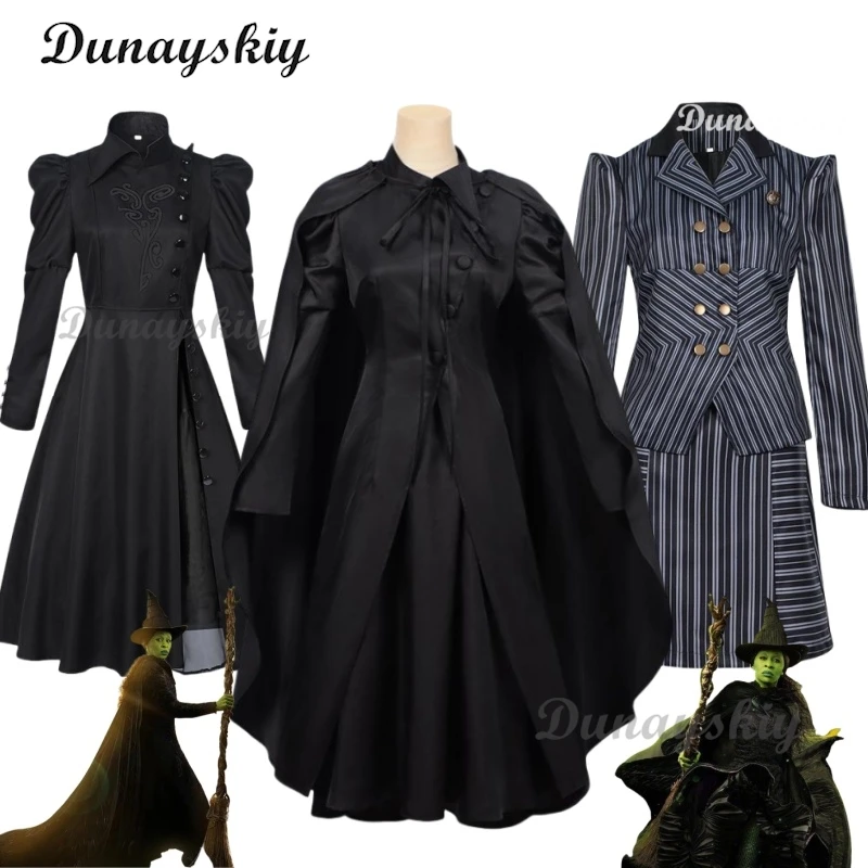 2024 New Wicked Cosplay Witches Costumes Witch's Robe Elphaba Clothes Gotic Movie Party Role Black Dress Robe Hat Customized