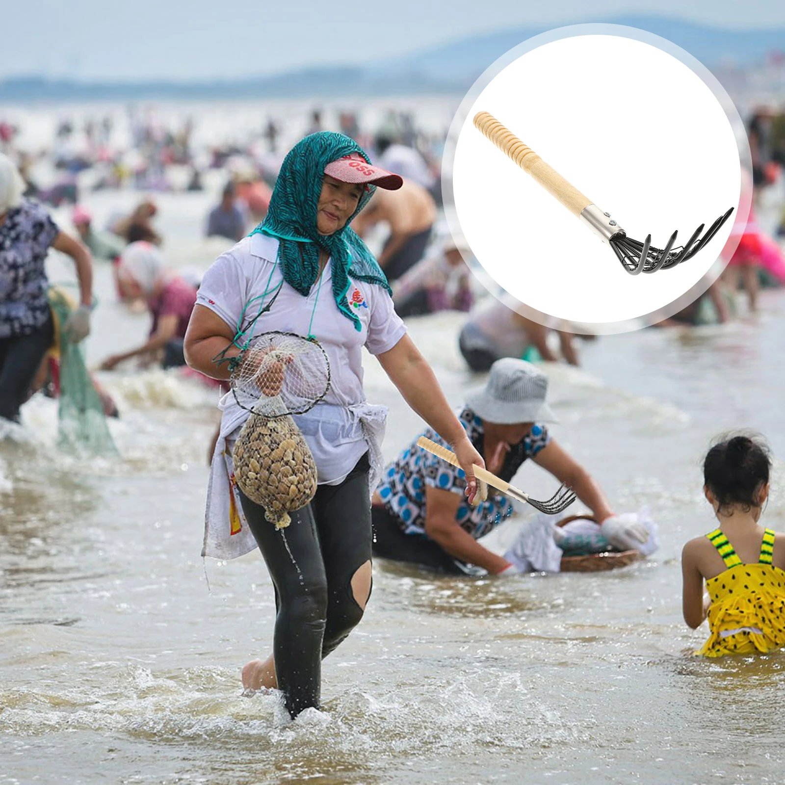 

Beach Rake with Net Clam Digging Rakes Sand for Clamming Equipment Shelling Cultivator Seaside