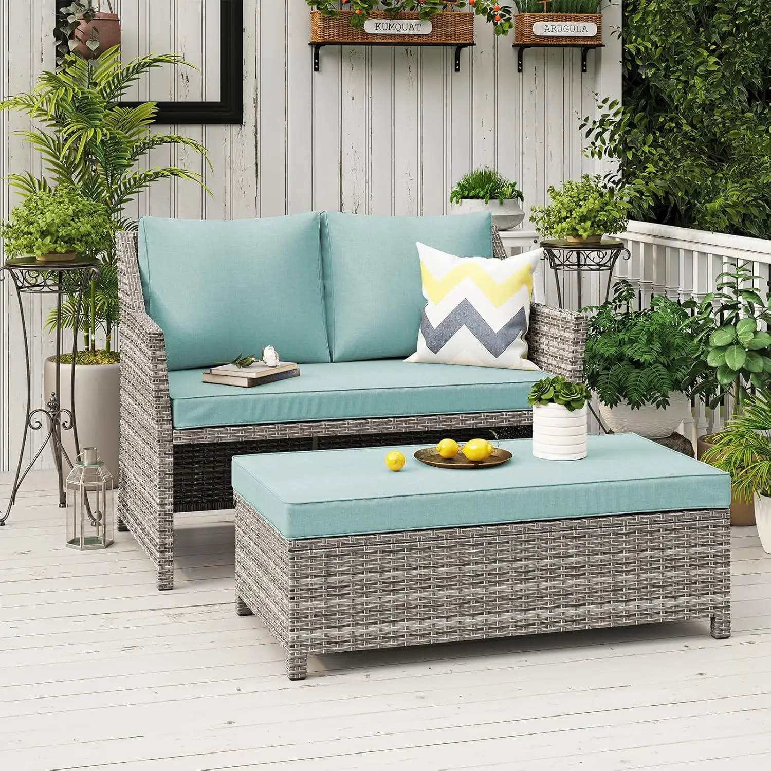 2-Piece Outdoor Patio Furniture Wicker Love-seat and Coffee Table Set, with Built-in Storage Bin, Grey Rattan, Green Cushions