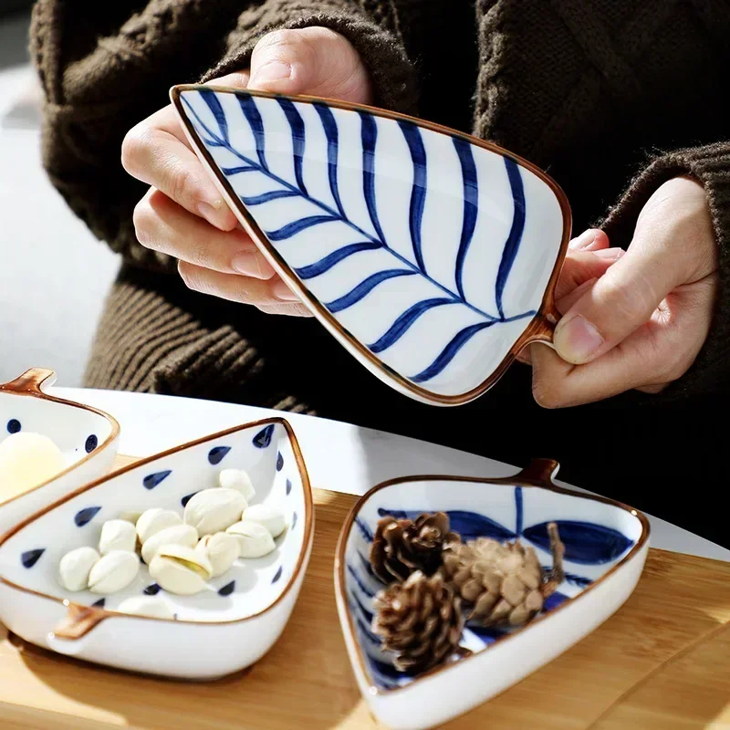 Japanese Ceramic Appetizer Serving Plates Hand-painted Underglaze Leaf Design Sauce Dishes for Sushi Salads and Condiments