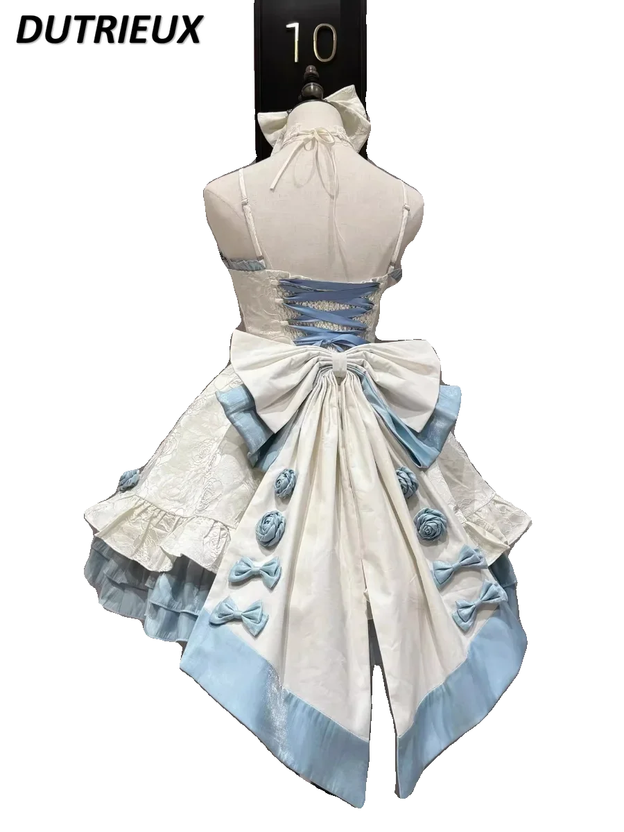 Apricot Blue Color Matching Gothic Style Lolita Sleeveless Dress JSK Heavy Industry Tail Strap Princess Dresses for Women