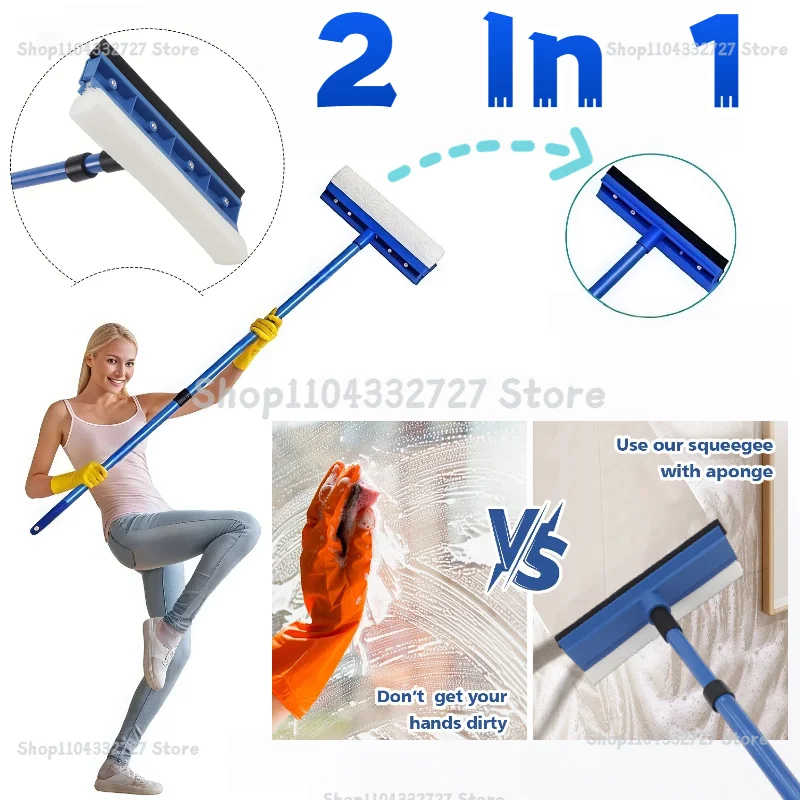 Limpiador de Vidrios Telescópico 2 en 1 con Espátula de Goma y Cepillo de Esponja Resistente para Limpiar Espejos del Hogar y el Baño