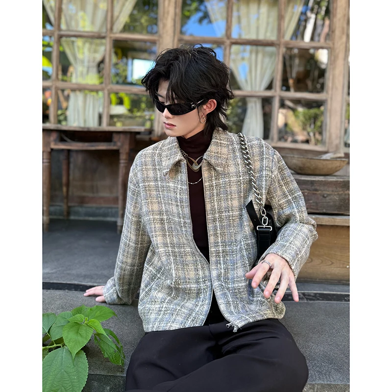 

Khaki ort Men's Jaet Autumn Faion Casual Plaid irt High-End Feelings Loose Fit Long Sve Regular Length Trendy