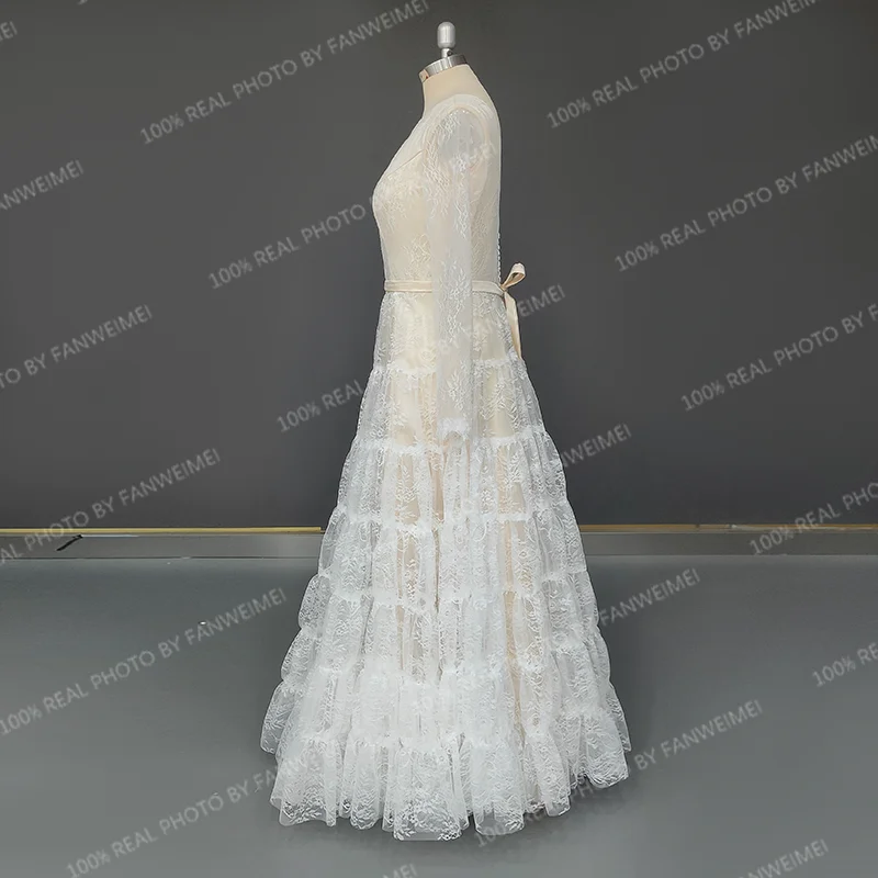 Vestido de novia de encaje con escote en V profundo, traje de novia con mangas de ilusión y lazo, sin espalda, personalizado, 11486