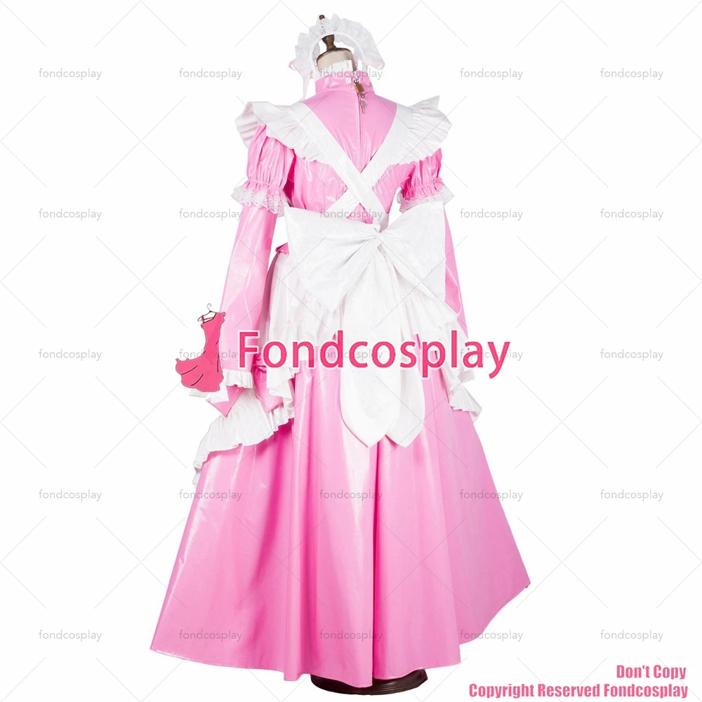 Fondcosplay Volwassen Sexy Cross Dressing Sissy Maid Lange Afsluitbare Baby Roze Dunne Pvc Vinyl Jurk Witte Schort Cd/Tv [G1801]