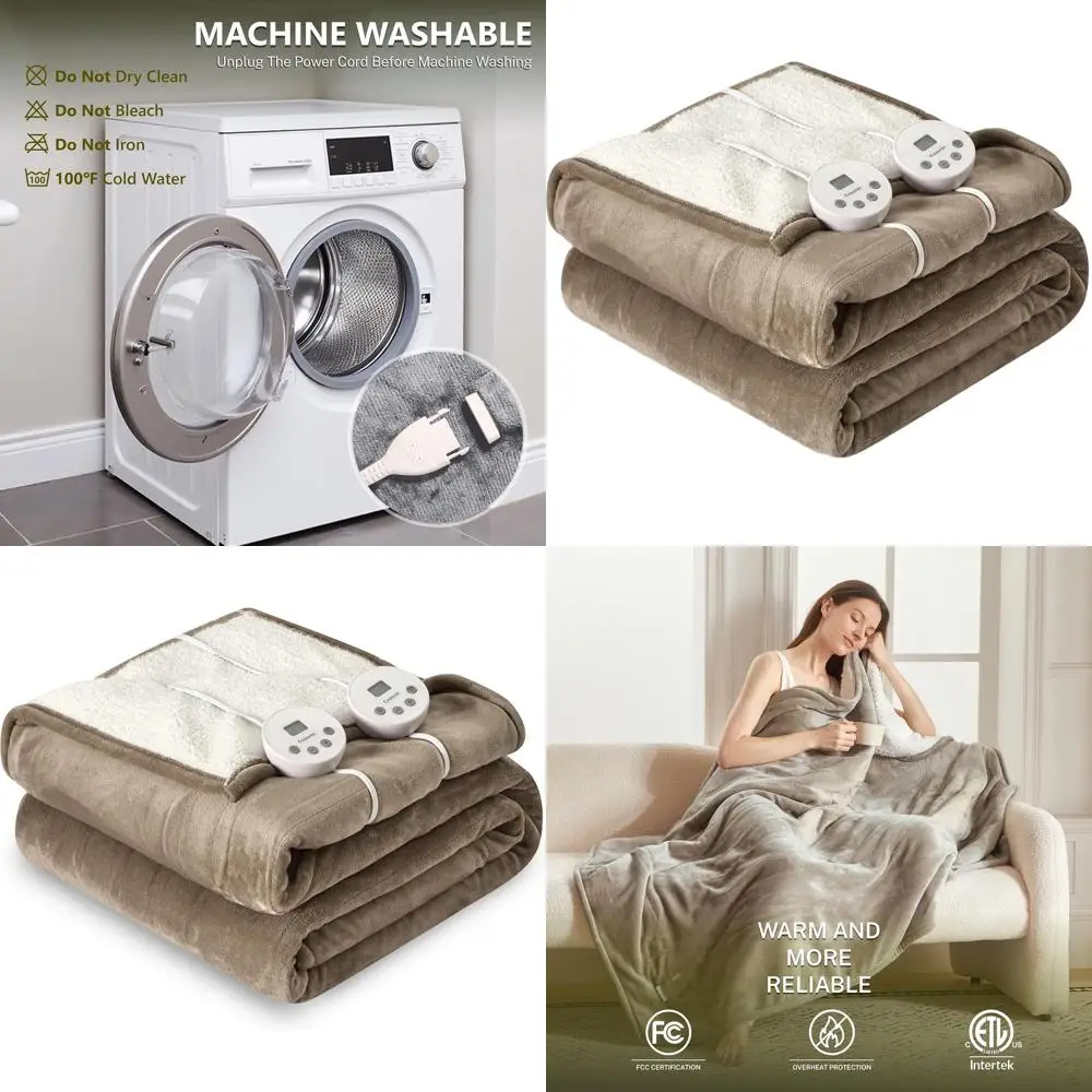 

Электрическое одеяло King Size с двойным управлением, 10 режимов нагрева и 12 настроек таймера, автоматическое отключение, можно стирать, светло-коричневое