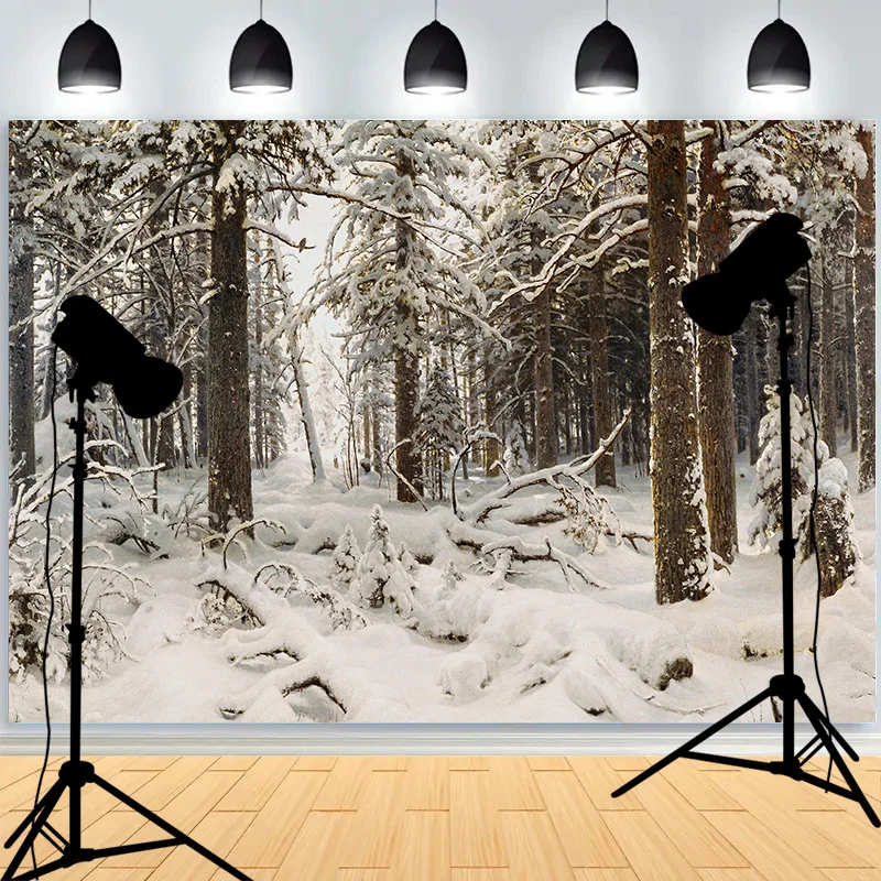 Snowflake Pine Forest Frozen Stream Photography Background Frost Snow Hill Winter Wonderland Photo Studio Backdrops AM-08