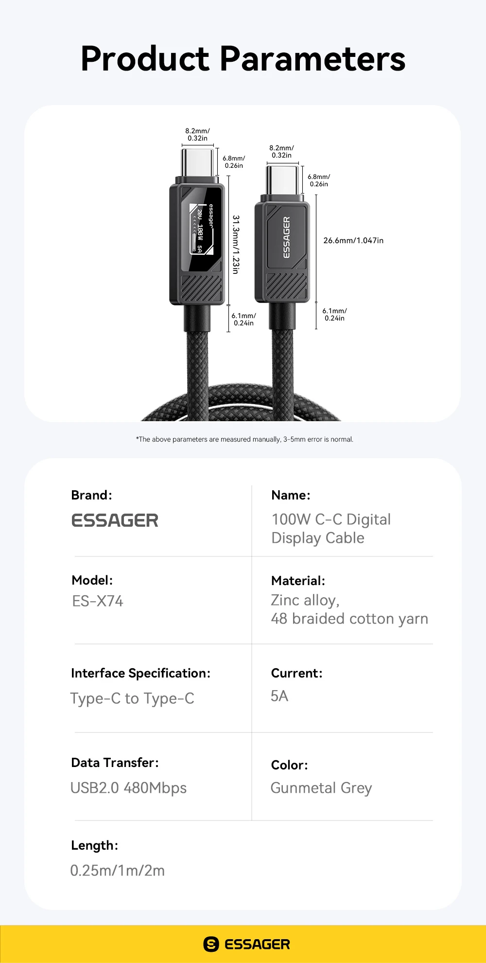 ESSAGER 100 W Typ-C-Kabel mit Digitalanzeige PD-Schnellladekabel für MacBook Pro/Air iPhone 16/15/14 iPad USB-C-Kabel – Detail 12