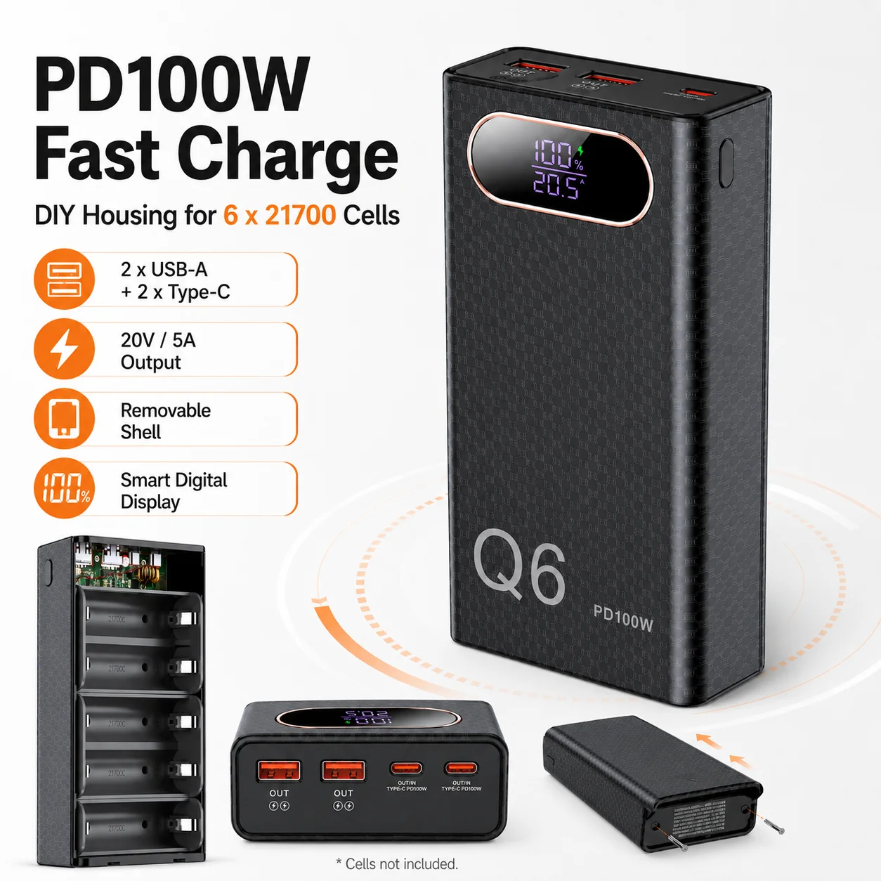 Q6 PD100W DIY Power Bank Housing Kit for 6x21700 Flat Top Cells No-Solder Fast Charge Case with Digital Display view 3