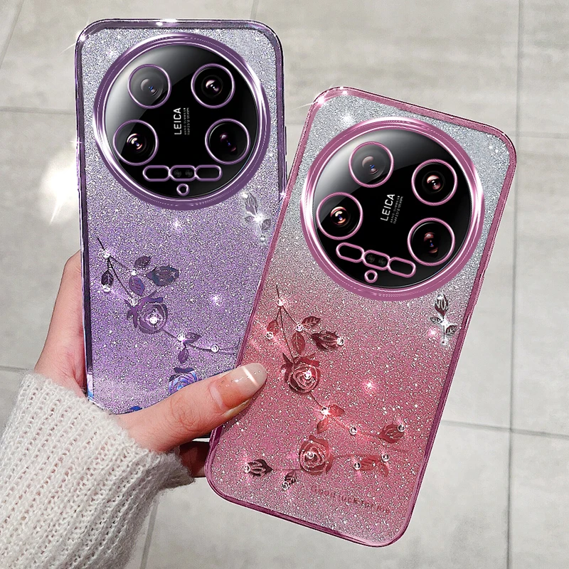 Luxury Diamond Shiny Crystal Glitter Plating Soft Case For Xiaomi 14 / Pro Ultra Thin Gradient Camera Protector Back Cover Shell