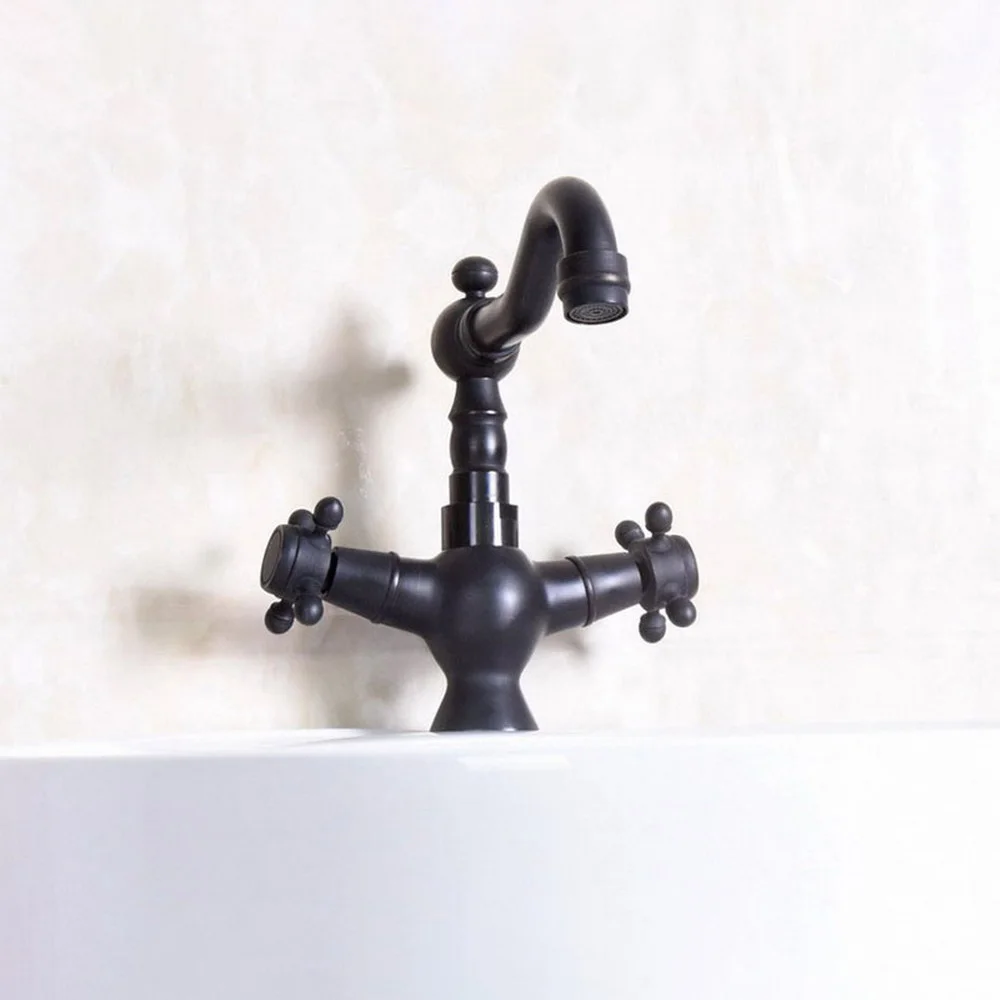 

Black Oil Rubbed Brass Basin Faucet Bathroom Vessel Sink Mixer Tap Deck Mounted Dual Handle Hot Cold Water Mixer Bnf141