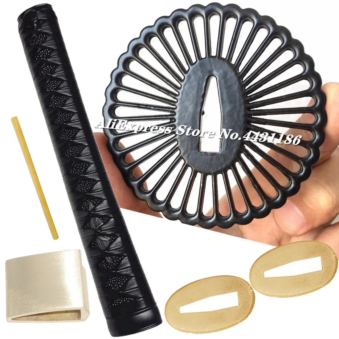 26CM Leather Ito Handle Japanese Samurai Sword Katana Fully Fittings Set Tsuba+Menuki+Fuchi+Kashira+Habaki+Seppa Alloy Accessory
