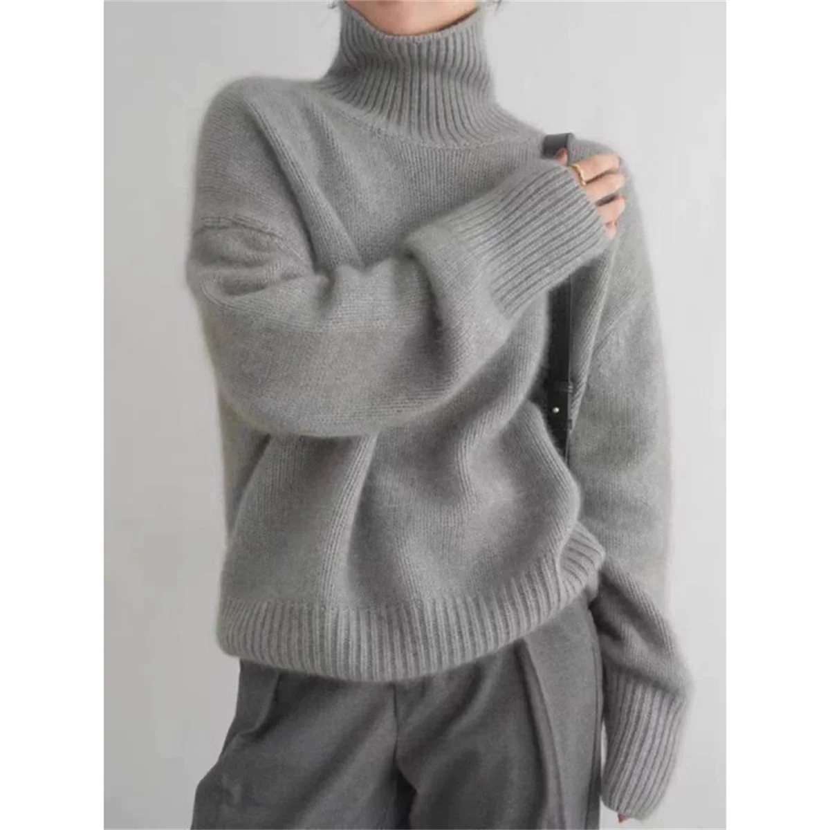 Autumn Fashion Pure Wool Sweater For Women Casual Turtleneck Loose Long Sleeve Pullovers Elegant Female Street Knitted Jumpers