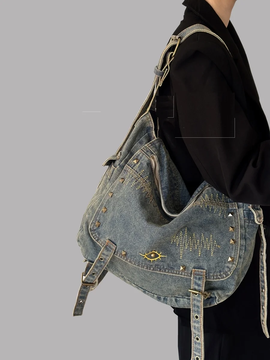 Washed Denim Messenger Bag for Women, Large Capacity Multifunction Tote with Adjustable Strap