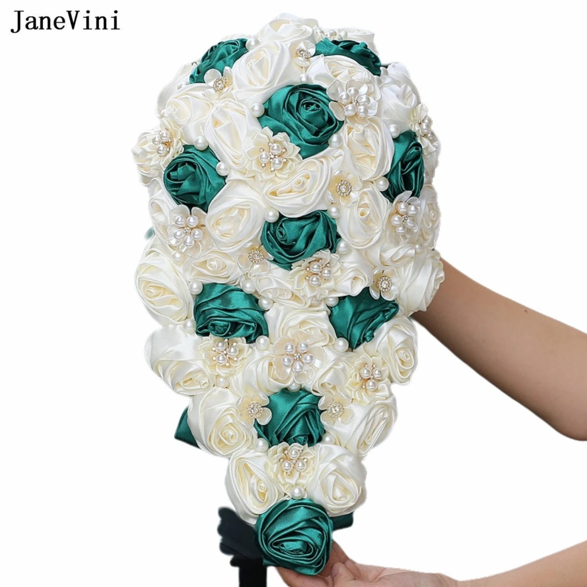 

JaneVini Luxury Dark Green Ivory Waterfall Bridal Bouquets Pearls Artificial Satin Roses Cascade Wedding Fake Bouquet for Bride