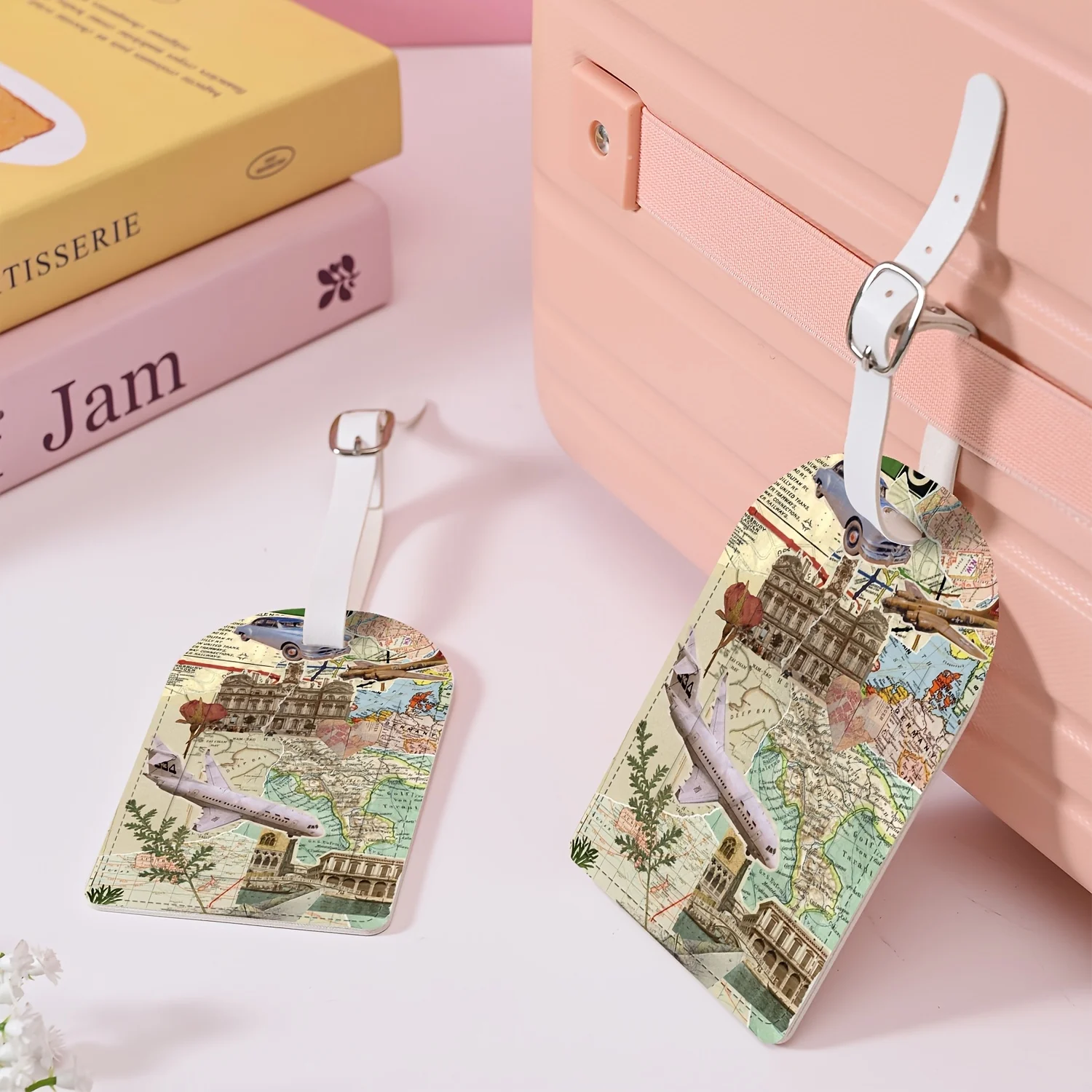 PU Luggage Tag Suitable for Airports Cruises Business Trips Suitcase Tag with Travel Collage Map Airplane Car Architecture