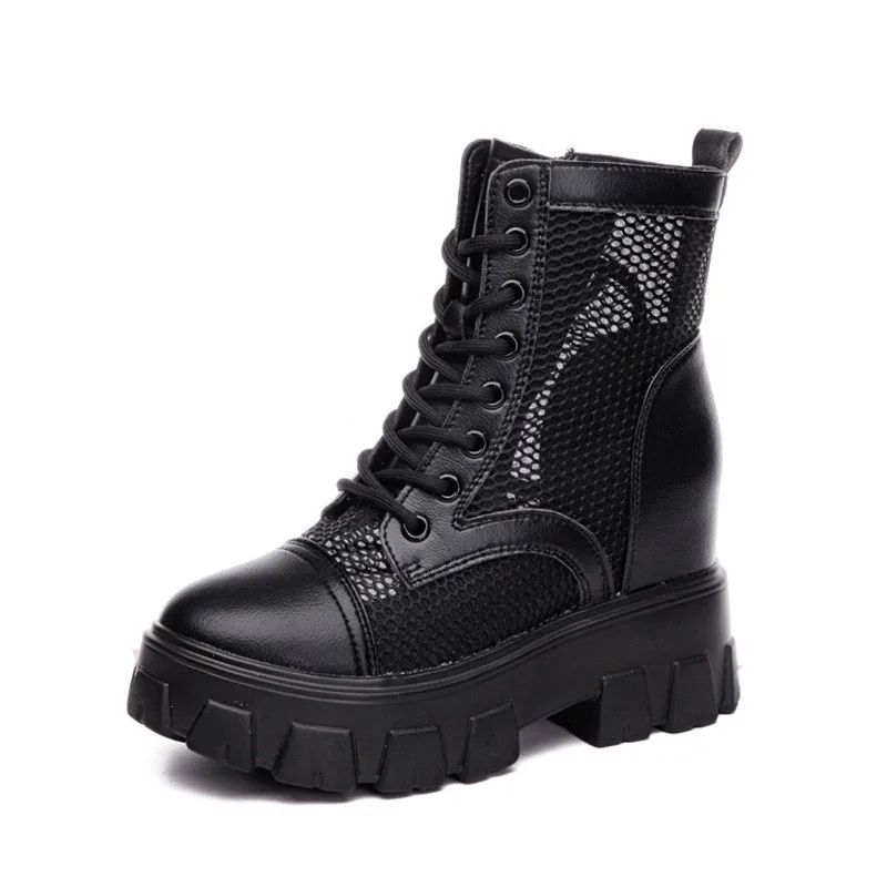 9cm New Women Thick-Soled Leather dermis Boots Casual Sports shoes black Fashion Lace-Up Inner raised ankle boots 34 39