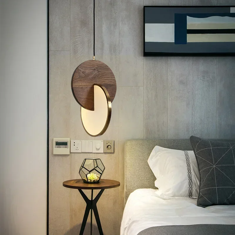 Nordic LED Pendant Lights Simple Walnut Round Bedroom Bedside Lamps Modern Restaurant Dining Room Coffer Light Fixture