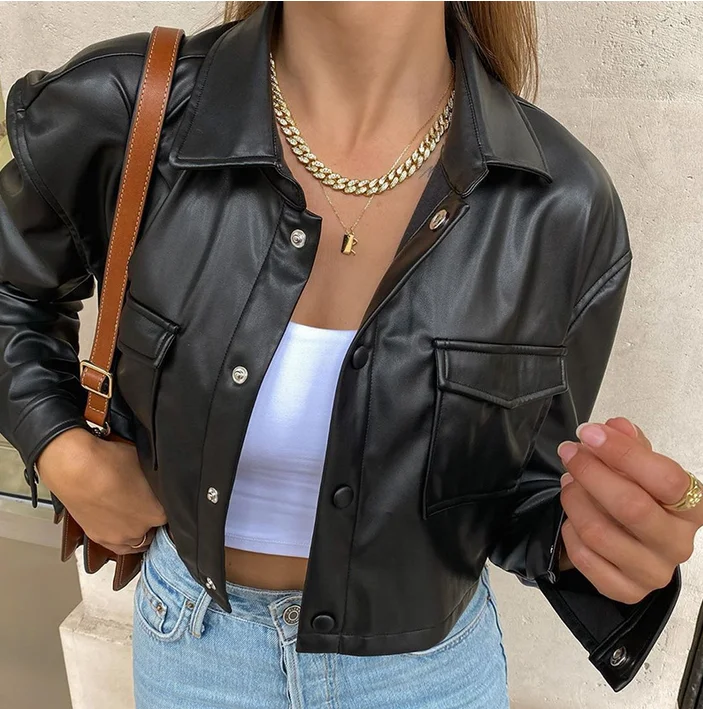 New Women´s Loose Short Casual Leather Jacket Black Long Sleeve Button Open Lapel Jacket With Pocket