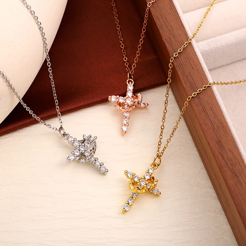 FTCY Rotatable Crown Cross Necklace for Women Minimalist Luxury Cross Chain Christian Jewelry Prayer Gift