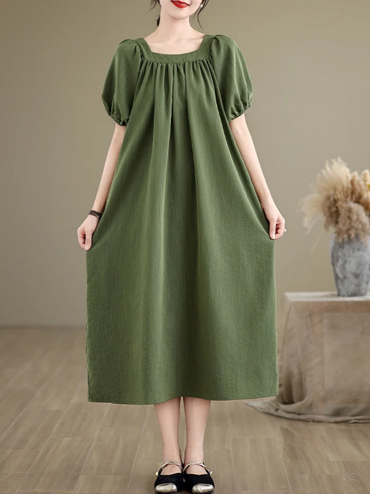 

Literary Large Size Women Dresses 2025 New Summer Square Collar Lantern Sleeve Casual Loose A-Line Midi Dresses Robe Femme