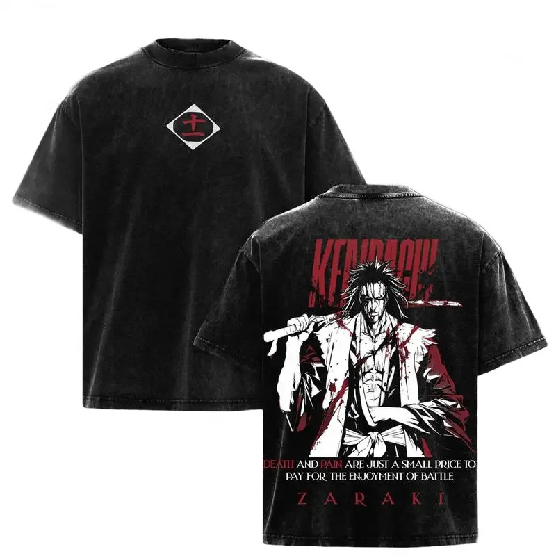 BLEACH Zaraki Kenpachi Graphic T Shirt Hot Manga Printed Vintage Washed Streetwear For Men's Clothing Oversized Cotton Tees
