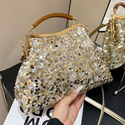 2023 donne eleganti Glitter paillettes Shell Clip frizione da sera oro viola Bling Messenger Bags borse da sposa firmate di lusso