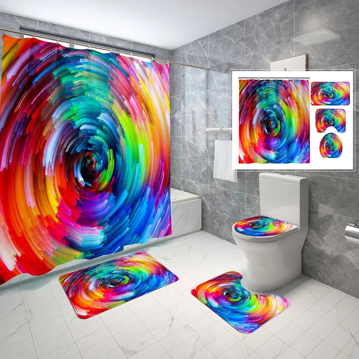 Abstract Art Shower Curtain Set Modern Geometry 4 Pcs Shower Curtain Bathroom Non-Slip Bath Mat Toilet Cover Curtain Set