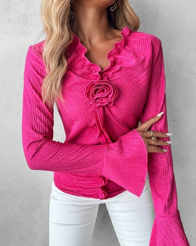 

Top Women Spring Fashion Rose Detail Ruched Frill Hem Casual V-Neck Plain Long Sleeve Daily Tee Top Y2K Clothes