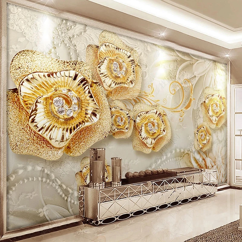 Custom Photo Wallpaper Luxury European Jewelry Diamond Pearl Gold Mural Background Wall Living Room Sofa Home Decor Wall Paper