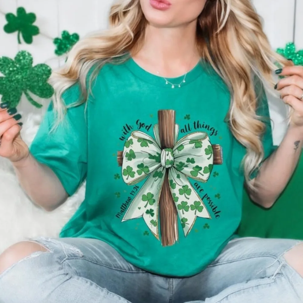 St. Patrick's Day Shirt God Christian Shirt Christian Cross Tee St Patrick's Coquette Bow Tee Lucky Tee Vintage Graphic Clothes