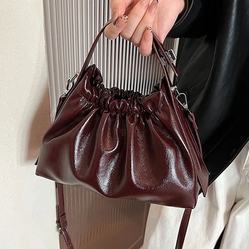 Women's Burgundy Ruched Cloud Bucket Bag, Soft Patent Leather Top-Handle Crossbody Purse for Fall Winter Daily Commute & Dating
