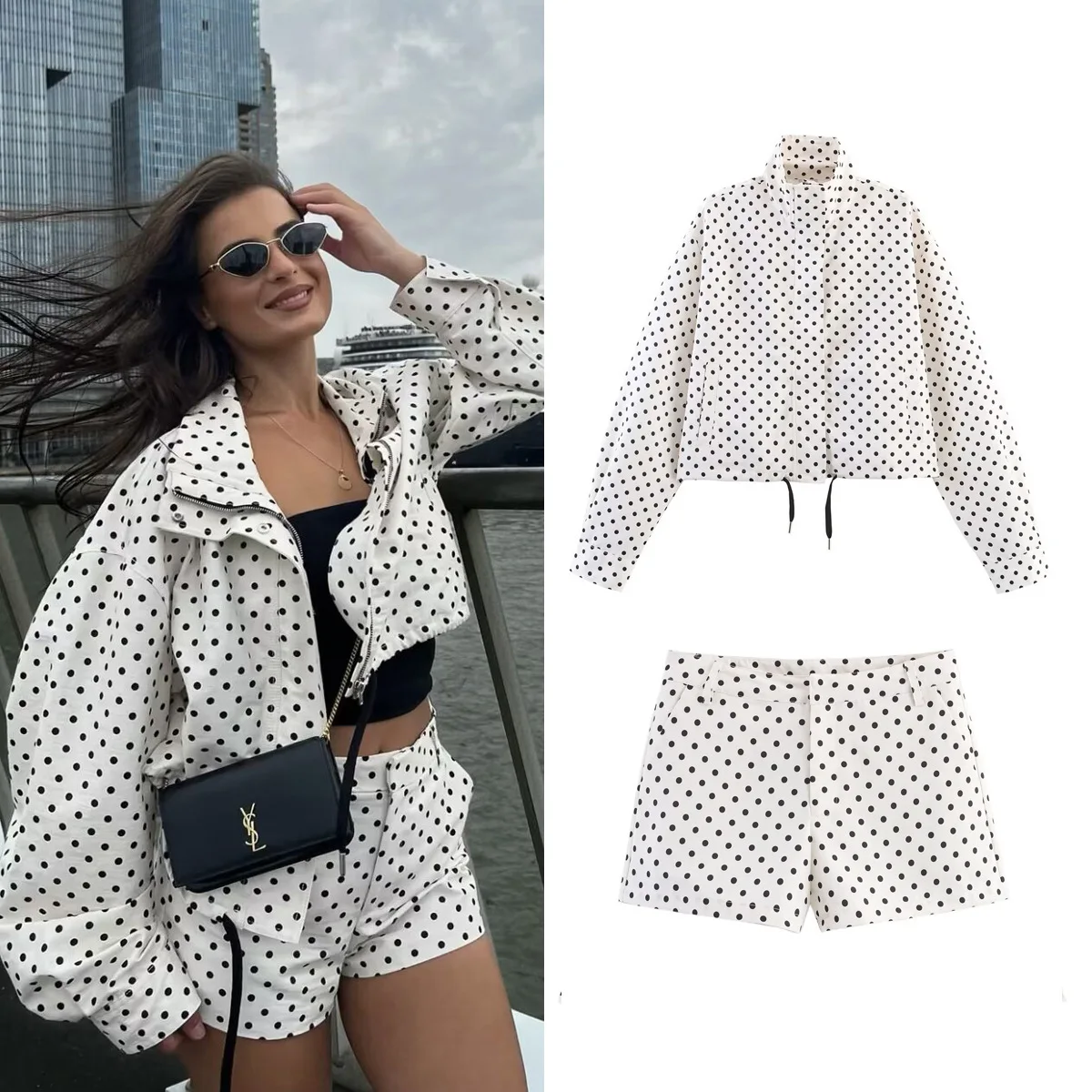 Cross-Border Women's Jacket Coat Stand Collar Long Sleeve Contrast Polka Dot Drawstring Jackets